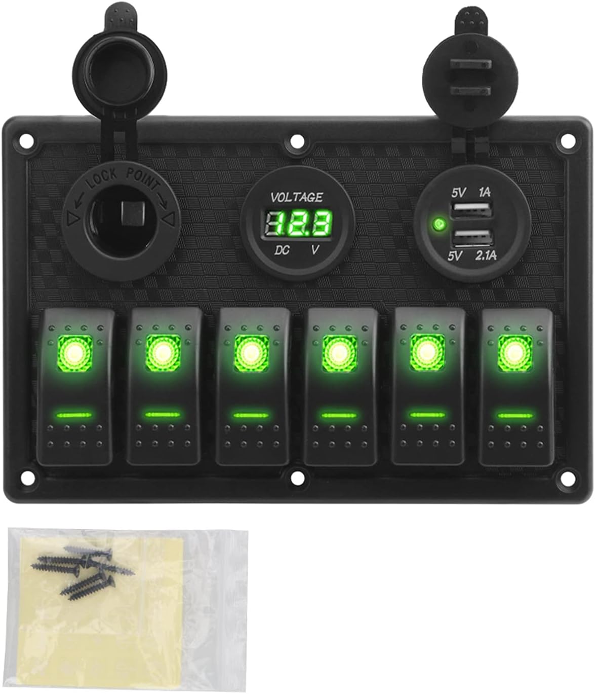 4.2A Dual USB Slot Socket With Fuse 6 Gang Rocker Switch Panel Waterproof Digital Voltage Display Switches and relays(Groen)