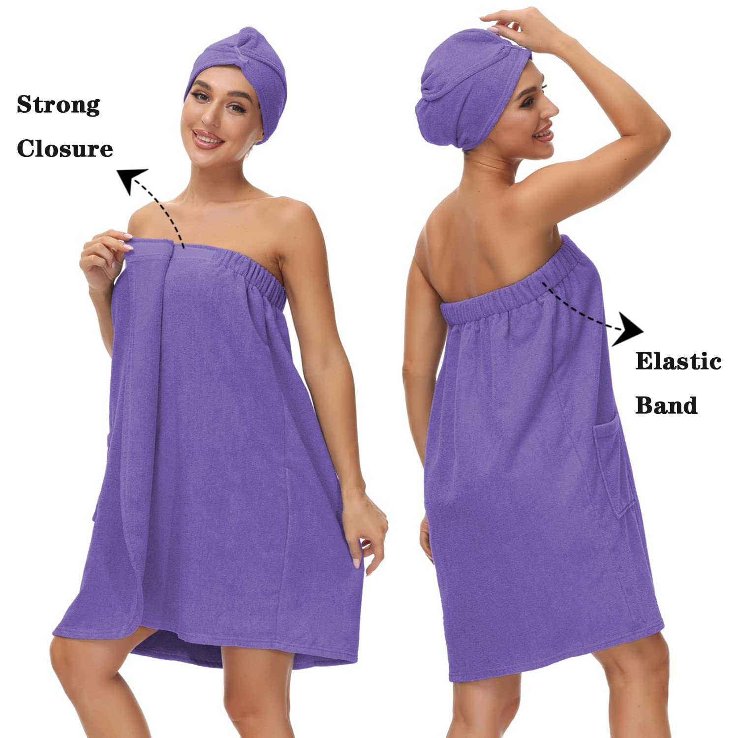 Verve Jelly Women Bath Wrap Towel Cover Up for Shower Super Soft Lightweight Robe with Hair Towel Light Purple S - Image 2