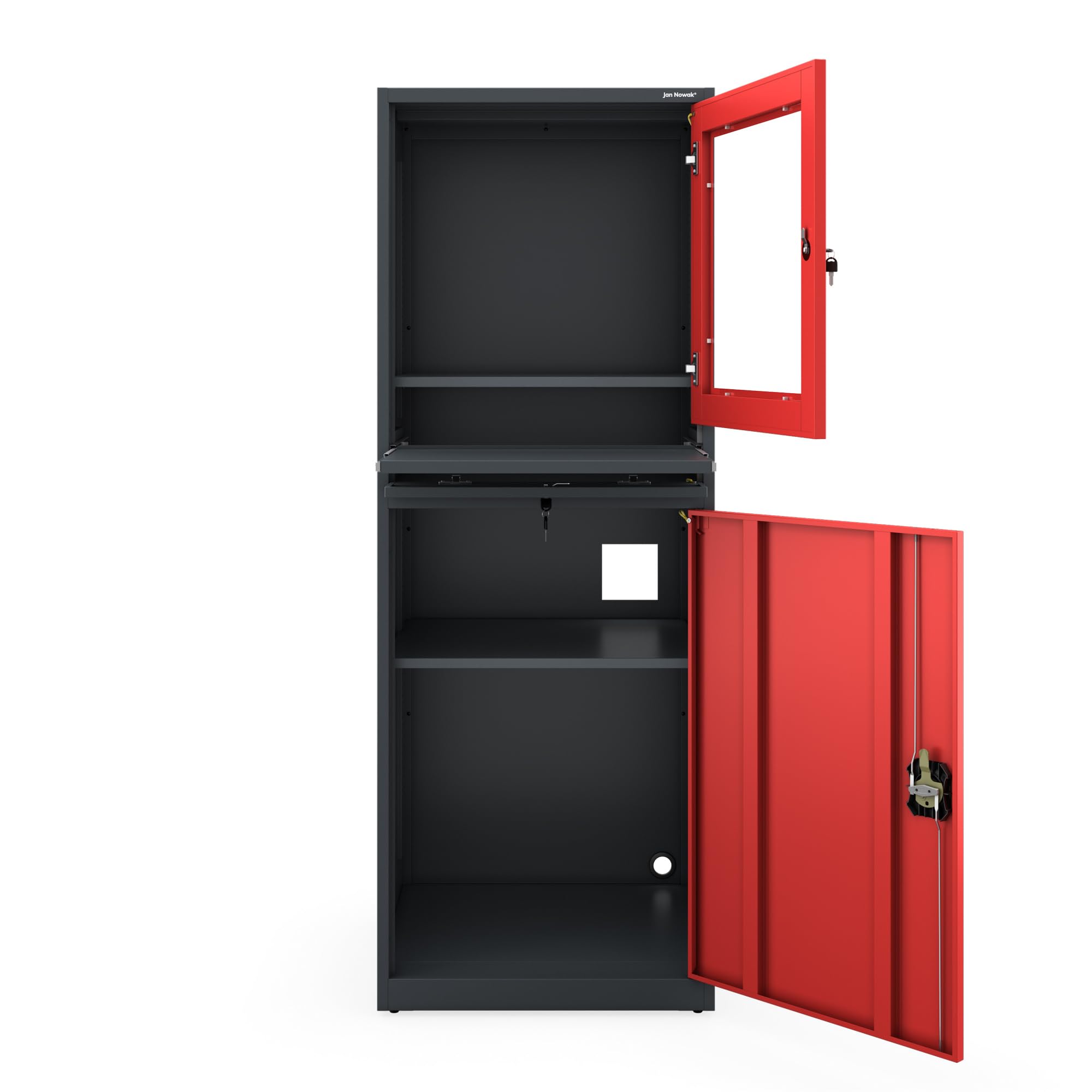 Jan Nowak Poste de Travail Informatique Armoire PC Armoire Informatique avec tiroir pour Atelier Entrepôt Métal 175 cm x 64 cm x 63 cm (Anthracite-Rouge)