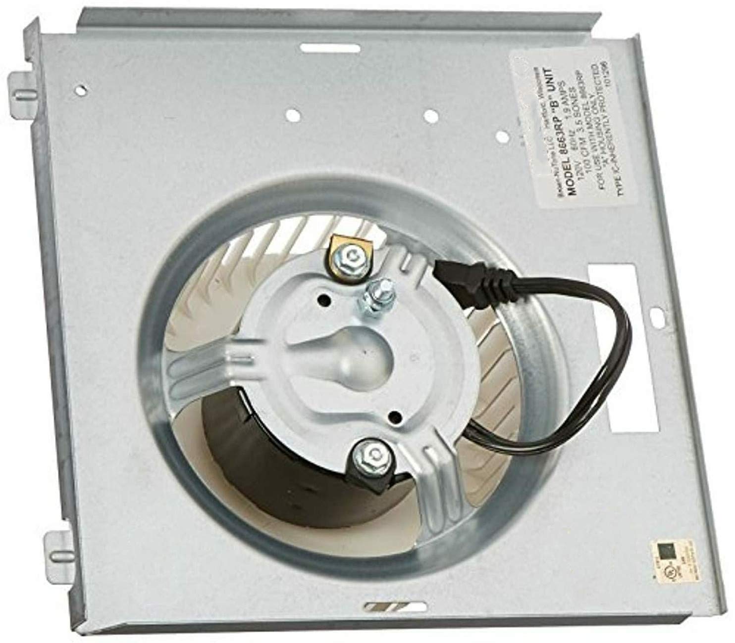 Broan-NuTone 8663RP Motor Assembly, rear view 仕様ラベル付き