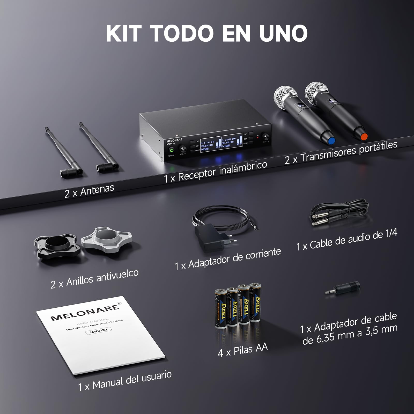 MELONARE Sistema Micrófono Inalámbrico UHF Dual Auto Scan MWU-20-2H | 2 micrófonos dinámicos de mano, 2 x 100 frecuencias, rango de 79 metros, canto, karaoke, iglesia y sets DJ