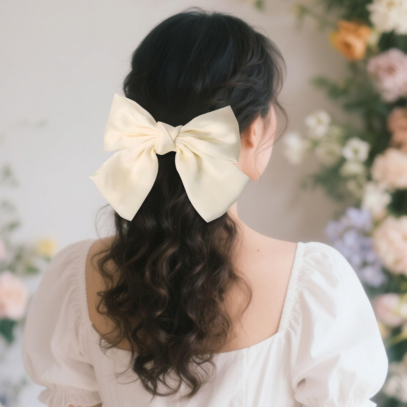 2Pcs Big Bowknot Hairpins for Women Girls French Ribbon Solid Color Satin Silky Barrette Clips,Bow Hair Clip, (Black White) - Image 3