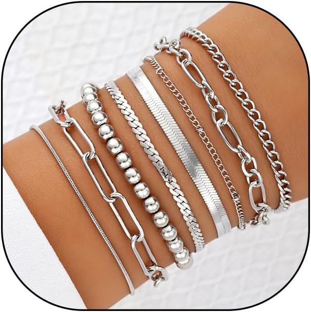 GIGB PBDK Layered Gold Bracelets for Women Men Stackable Beaded Herringbone Bracelets Adjustable Paperclip Cuban Link Chain Bracelets Trendy Jewelry Gifts