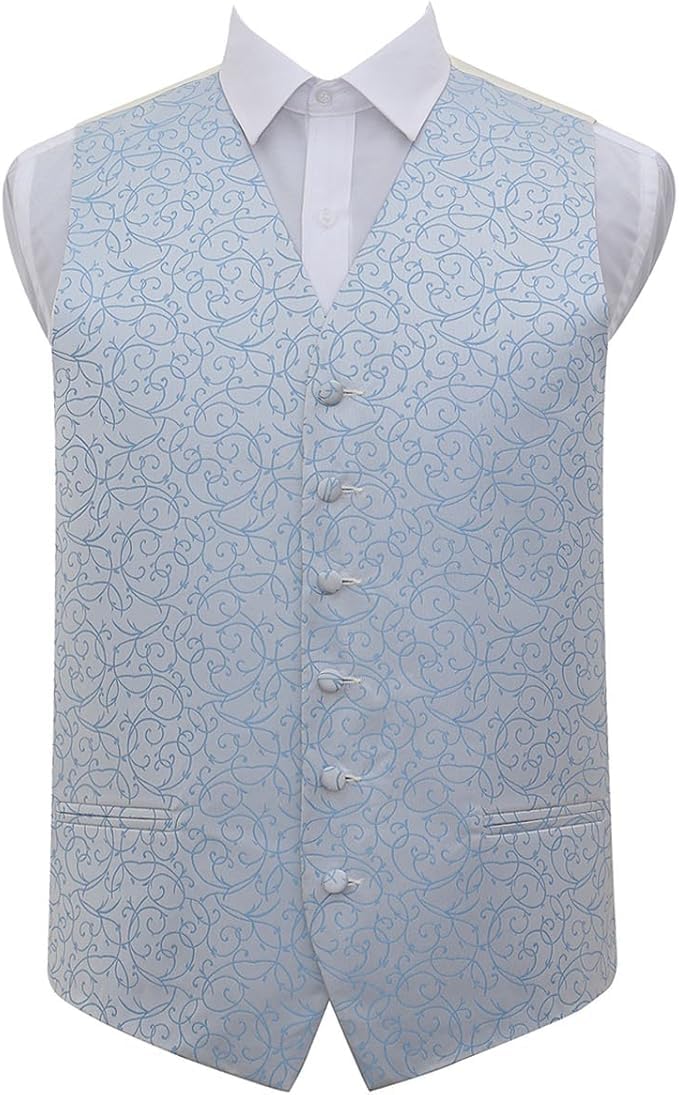 DQT Mens Swirl Floral Jacquard Waistcoat Vest – Wedding Business & Formal Suit Wear - Baby Blue 48" (4XL)