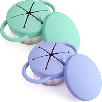Stainless Steel Snack Containers for Toddlers with Spill-Proof Silicone Lids & Handles - 3-in-1 Baby Snack Cups, No-Spill Toddler Snack Box, Perfect for On-the-Go Healthy Eating - 2pack