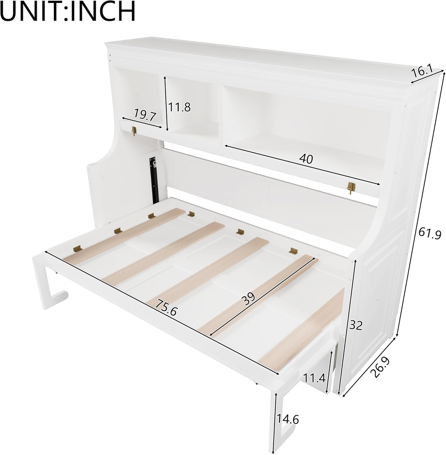 MERITLINE Twin Horizontal Murphy Bed with Desk and Storage Shelves,Solid Wood Folding Hideaway Farmhouse Murphy Wall Bed Cabinet with Storage Cabinet for Adults Teens (White,Twin)