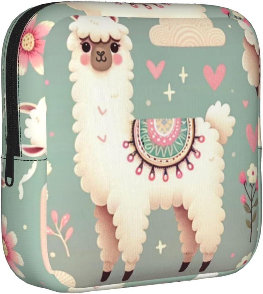 Floral-Alpaca-Llama Portable Period Pad Pouch for Women, Sanitary Napkin Storage Bag with Zipper for Outdoor Use