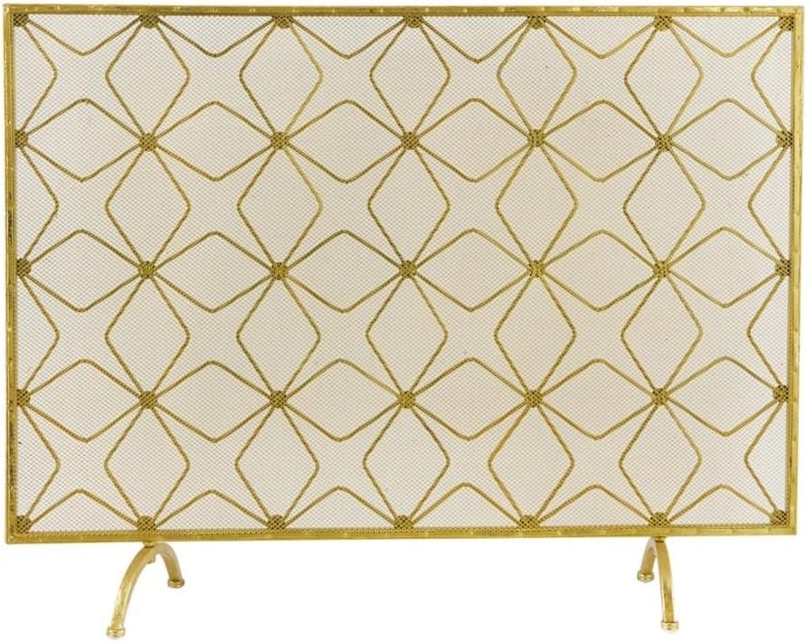 Fireplace Screen Single Panel Geometric Fireplace Screen with Mesh Netting Partition, Gold Metal Star Pattern