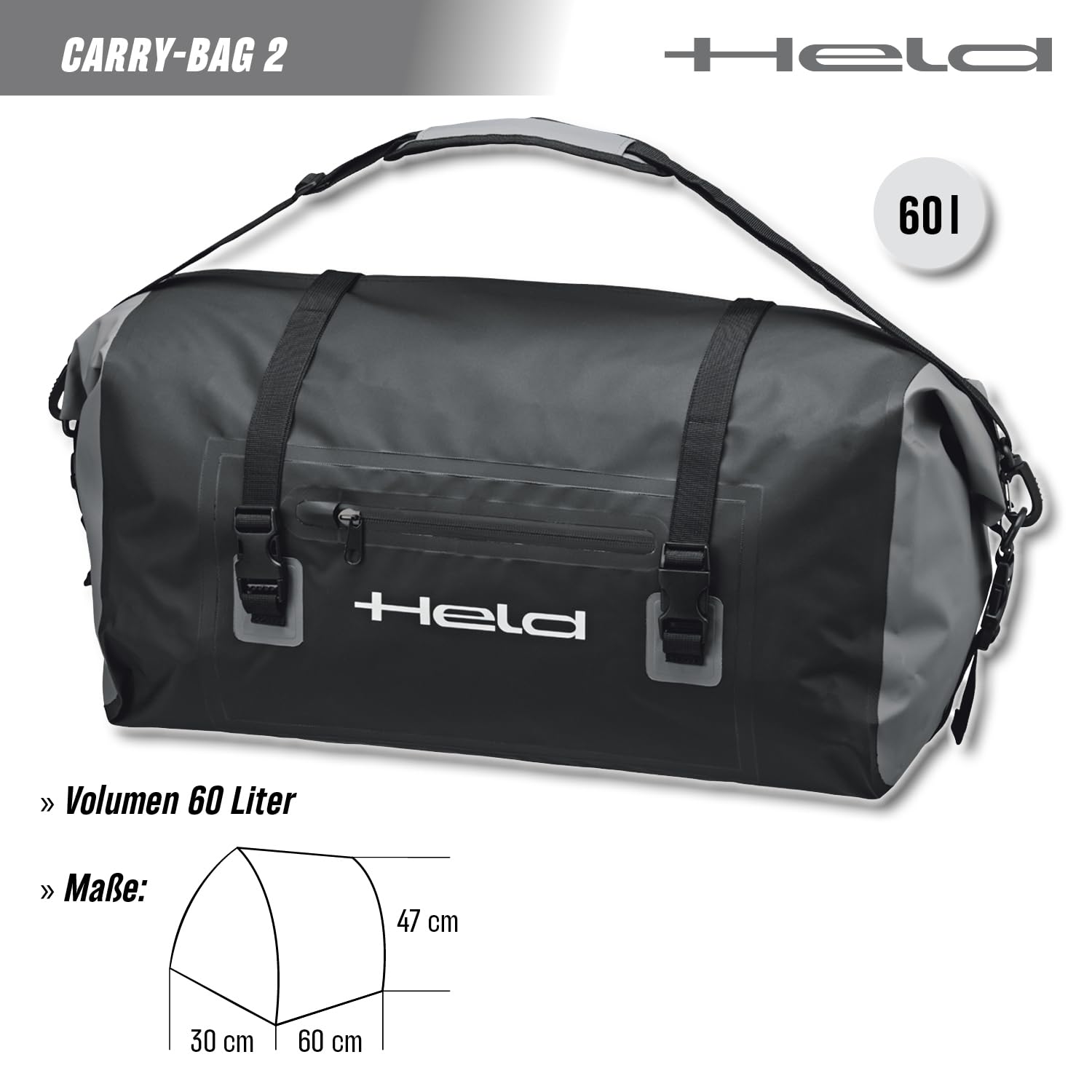 Held Carry-Bag 2 - Motorrad Zubehör Tasche - 100% wasserdichte und staubdichte Motorrad Hecktasche - Seesack Material aus Tarpaulin - eine Außentasche - Volumen 20/40/60 Ltr, Farbe: Schwarz/Neongelb