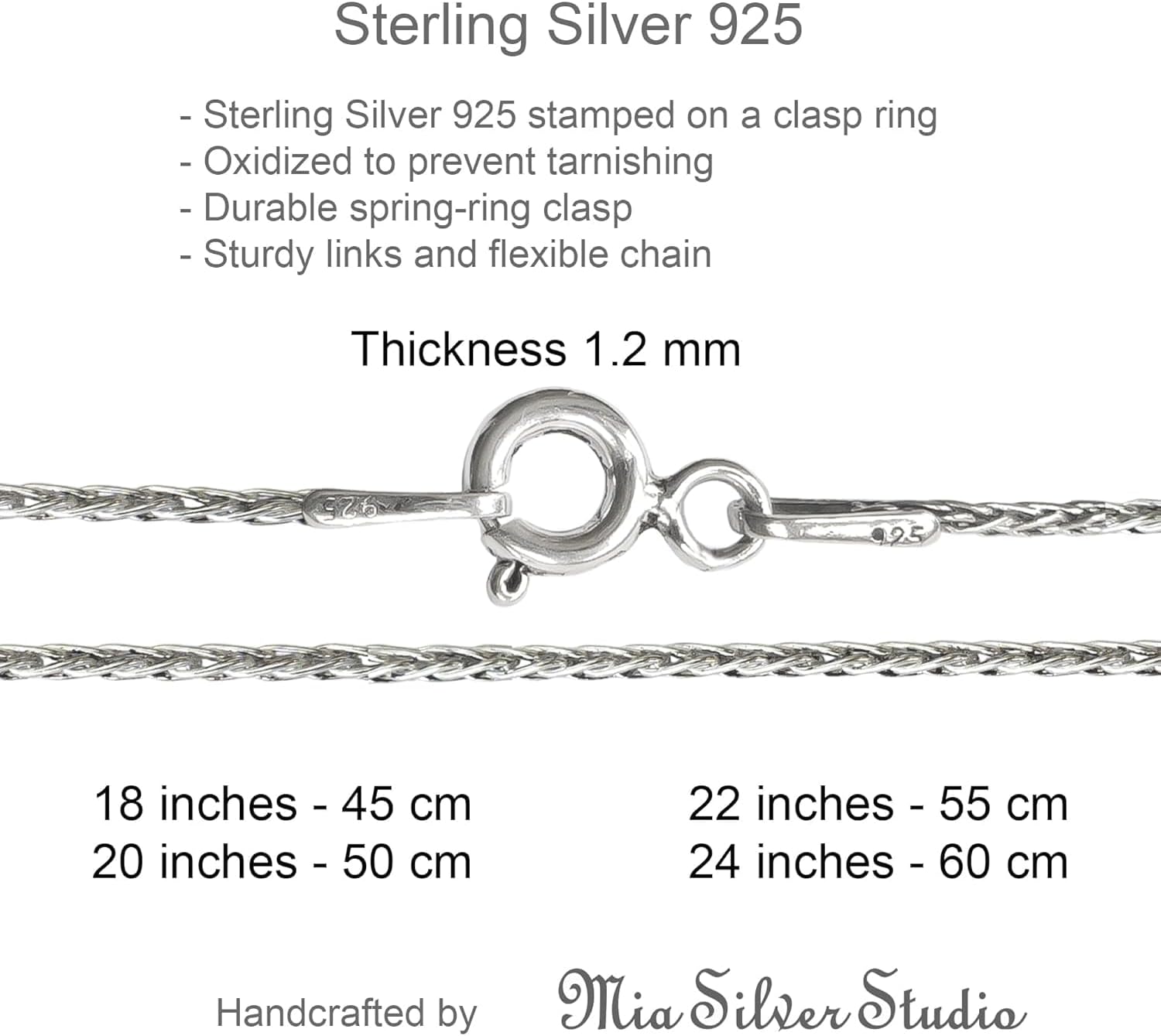 Solid 925 Sterling Silver Spiga Chain Necklace 1.5 mm - Oxidized Non-Tarnish Black Wheat Link Rope Chains for Men Women 18" 20" 22" Inch - Image 5