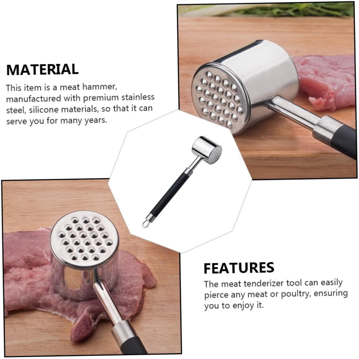 Hemobllo Stainless Steel Meat Tenderizer Hammer with Black Non-slip Handle, Dual-sided Kitchen Pounder for Beef, Pork, and Steak, Heavy-duty Meat Mallet for Poultry and Bbq Preparation