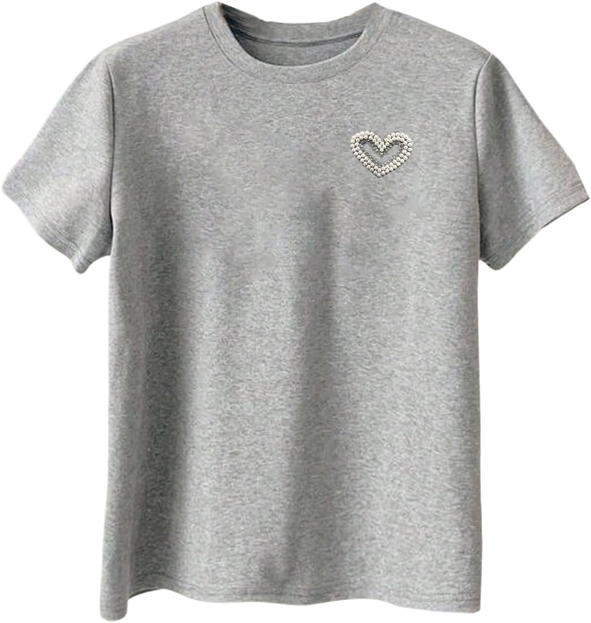 WDIRARA Women's Heart Pearl Beaded Rhinestone Casual T-Shirts Crew Neck Short Sleeve Tee