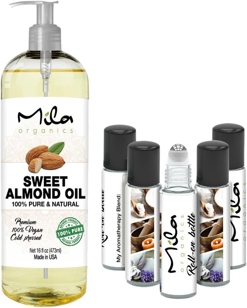 Mila Organics SWEET ALMOND OIL - VITAMIN E OIL FOR SKIN, HAIR, Massage, Aromatherapy, Essential Oil, Sweet Almond Oil Cold Pressed 16 FL oz. by Mila Organics + 5 Roll Ons