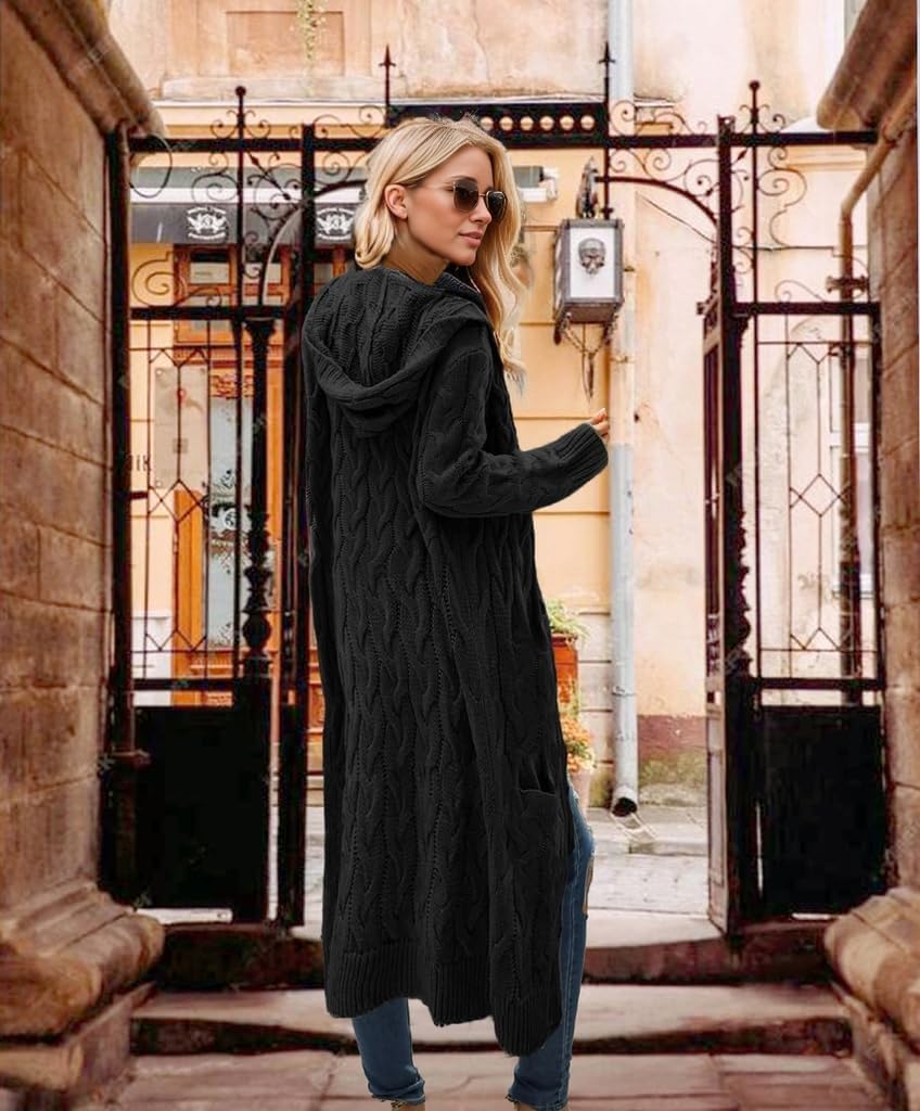 Lightweight Hooded Open Front Cardigan for Women Cable Knit Sweaters Pocketed Oversized Knee Length Long Coats Black - Image 4