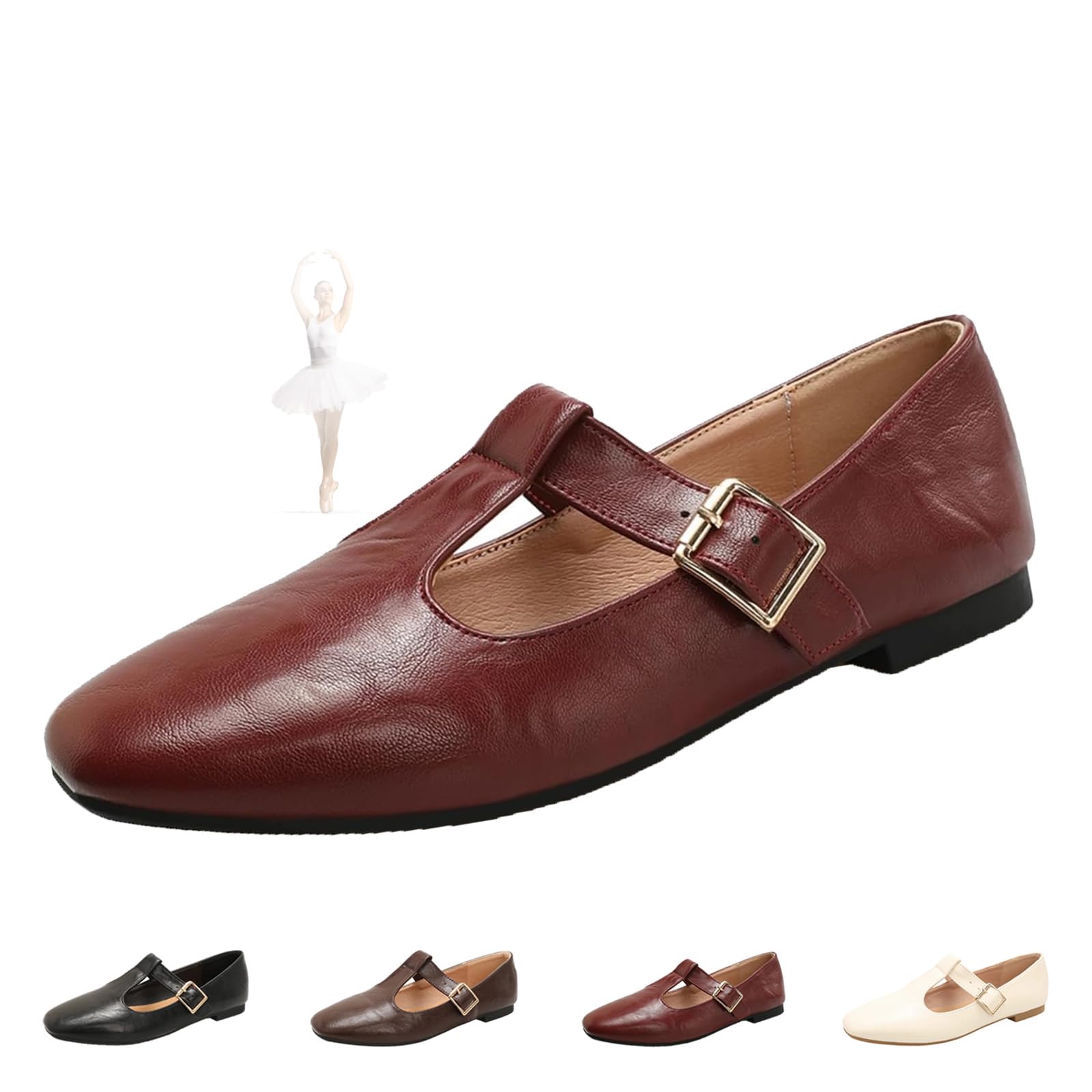Mary Jane - Ballerine classiche da donna, con cinturino a T, comode, in poliuretano, a punta, da lavoro, eleganti
