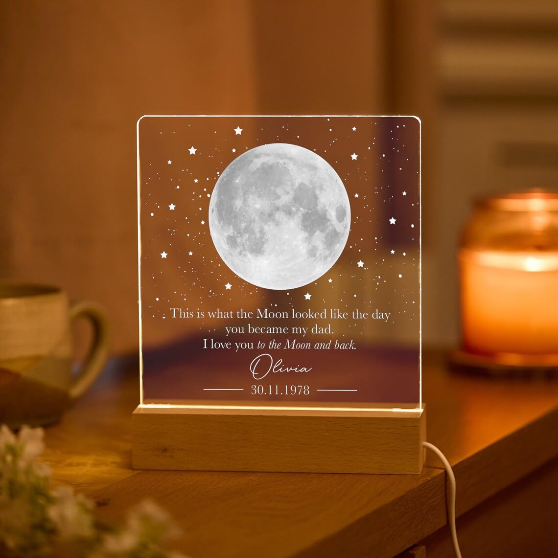 Pomchick Personalised Moon Phase Lamp Gift for Dad, Custom Acrylic Night Light