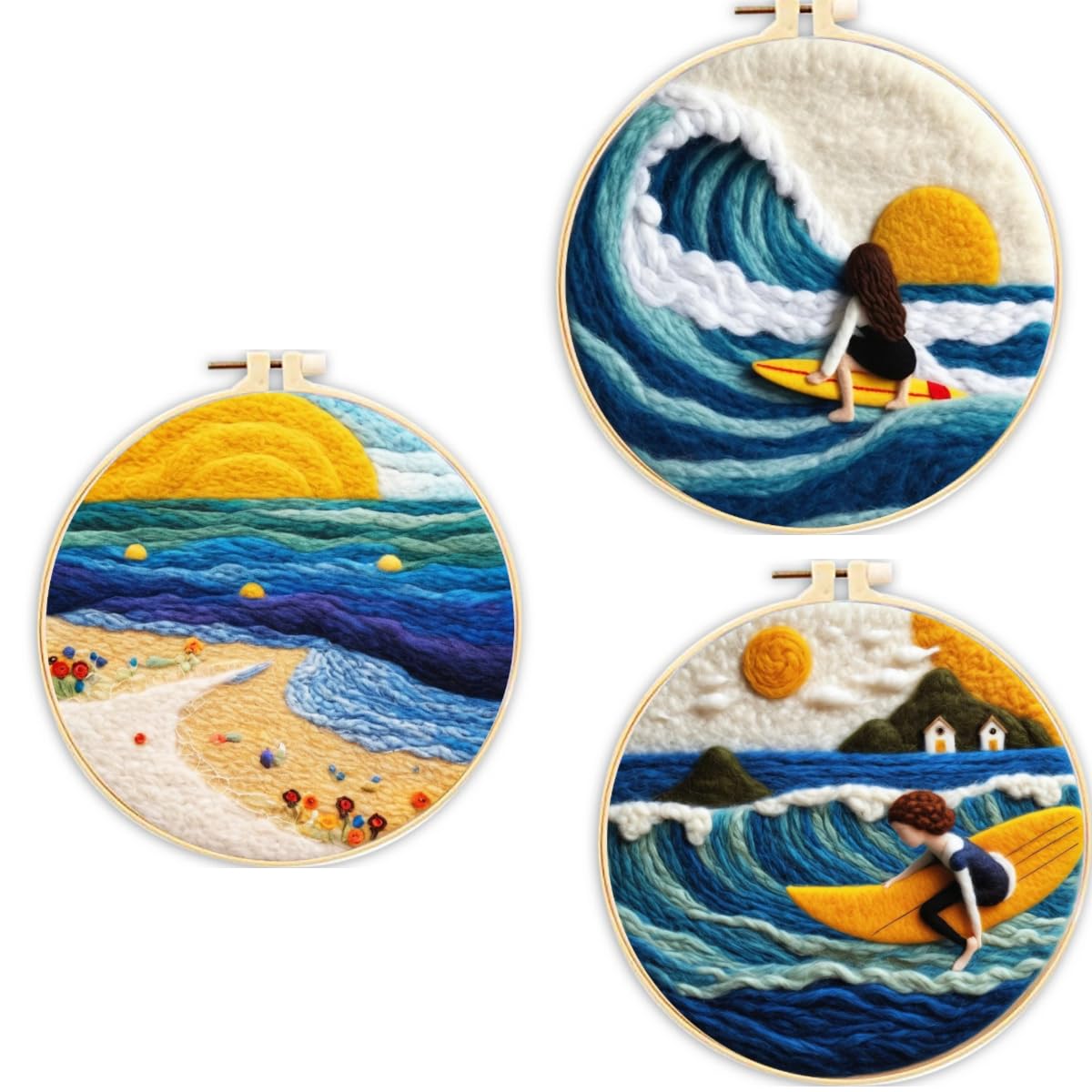 3 Sets Wool Felt Sets Seascape Scenery Needle Felting Kits DIY Handmade Wool Felt Painting Kits Home Decor Needle Felt Starter Sets Gifts with Instructions and Foam Pad for Beginners (Black)