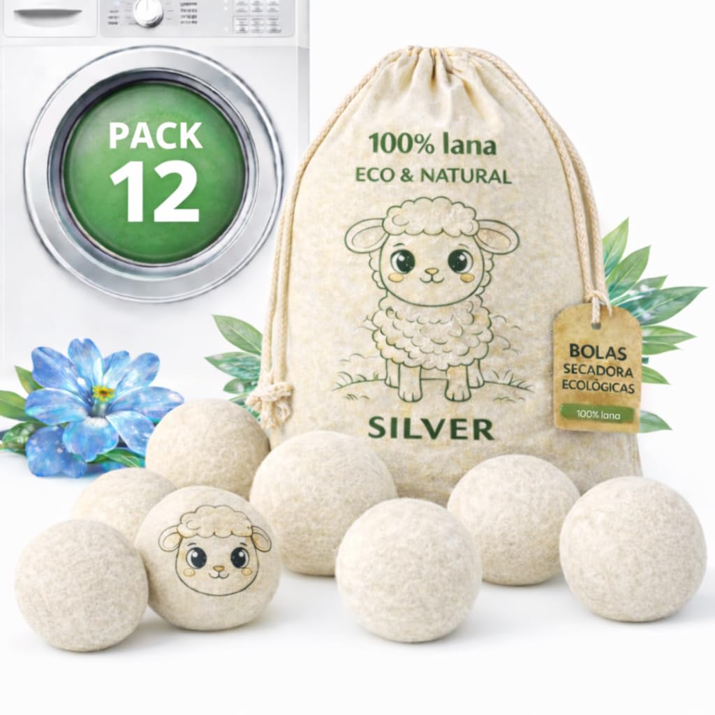 SILVERSTORE® 12 Pack - Bolas De Lana Para Secadora - Suavizante Natural - Bolas Secadora De Ropa - Reducen Las Arrugas De La Ropa y Secado - Lavadora Secadora XXL (Blanco)
