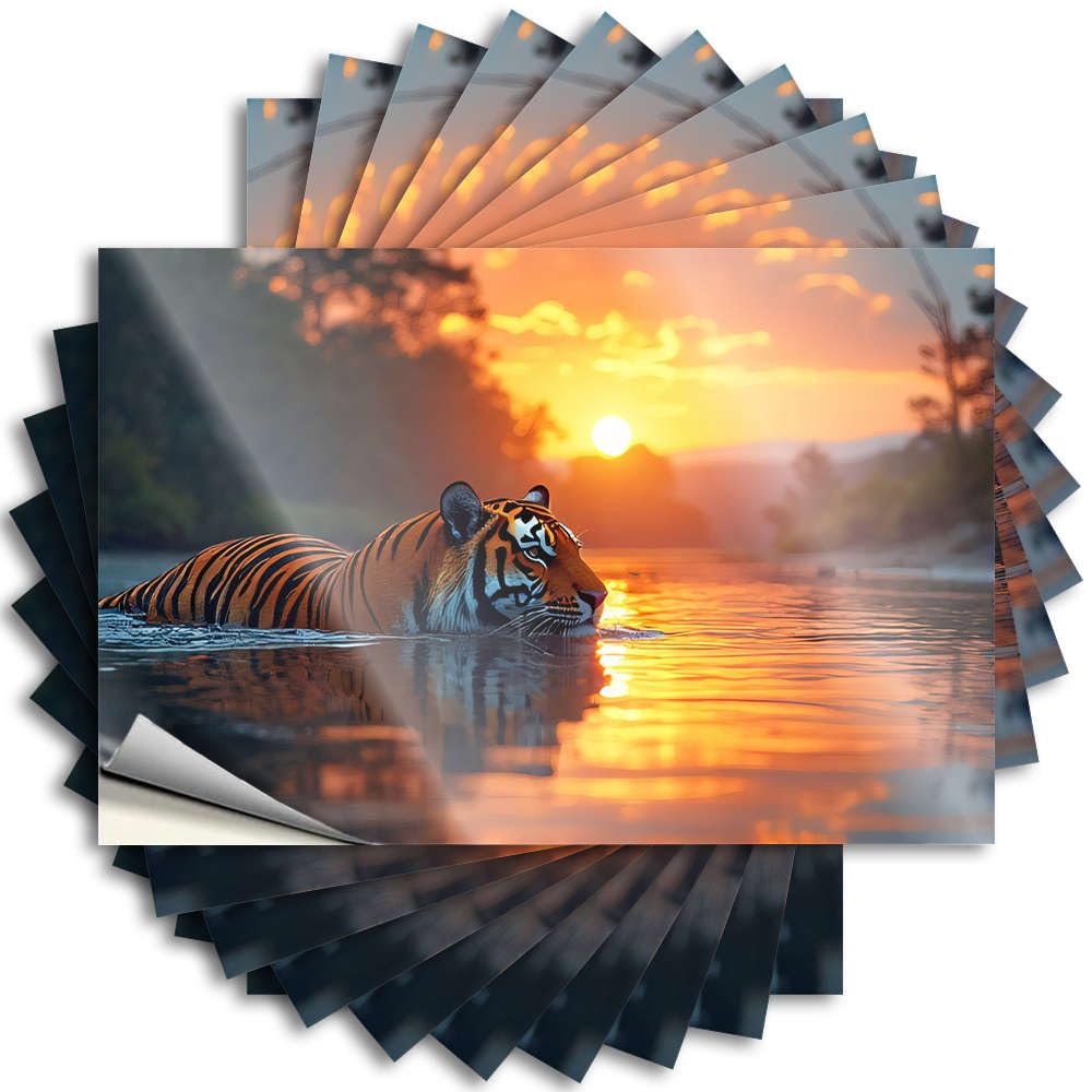 Bedroom Decor for Men Hard Decal | A Tiger Swims in Water During Sunset Sweet Durable Vinyl Sticker Easy Apply for Science(12X18CM)