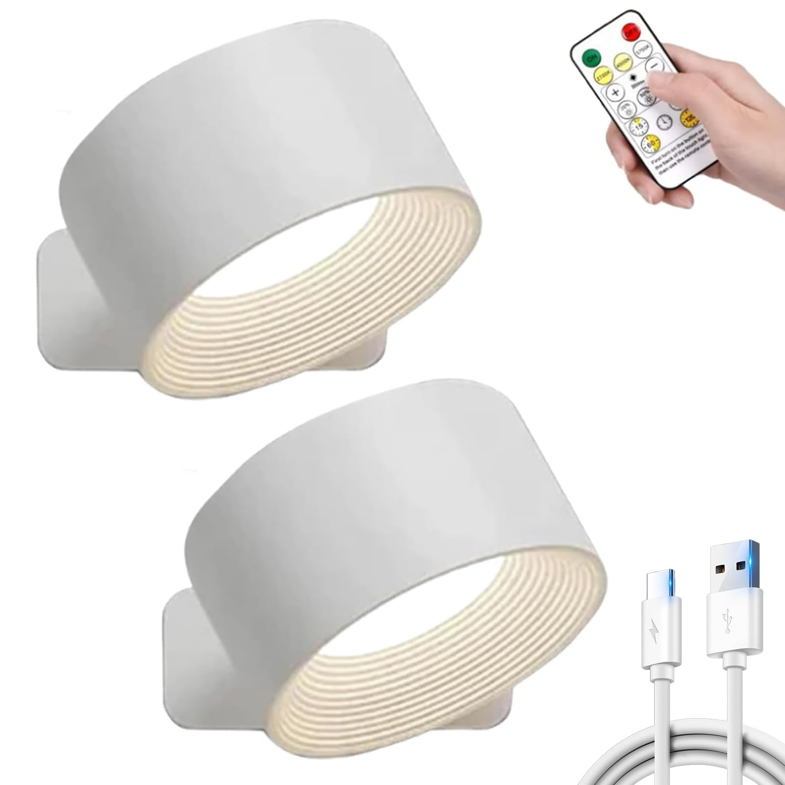 Lights of Sweden Wall Lamps, Home Touch Control Rechargeable Remote Adjustable Dimmable 360° Magnetic Rotation, 3‑Level Color & Brightness, Double‑Sided Light, Cordless for Office & Home (White*2)