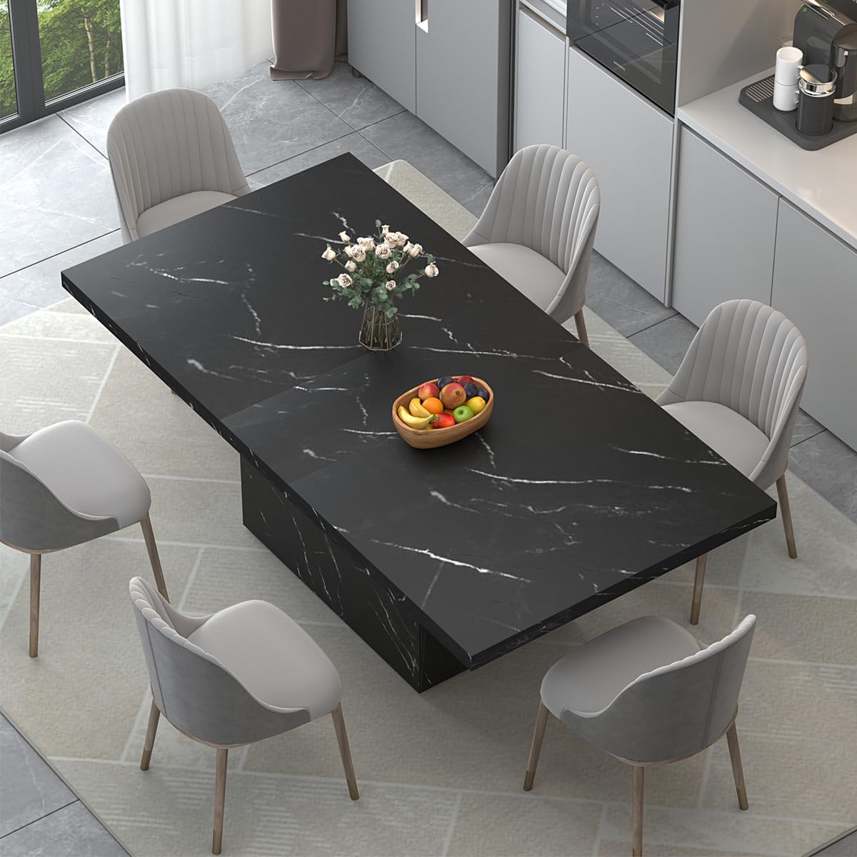 HSH Table de Salle à Manger Rectangle Table de Cuisine pour 6 à 8 Personnes Table Grand en Bois Design Industriel pour la Maison et Le Bureau Marbre Noir 180 cm