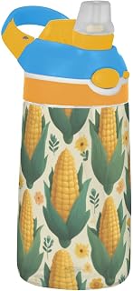 Kids Water Bottle 16OZ Corn Leaves and Flowers Pattern Tritan Plastic Water Bottle with Straw for Boys Girls, School or Travel, Leak Proof,Blue,