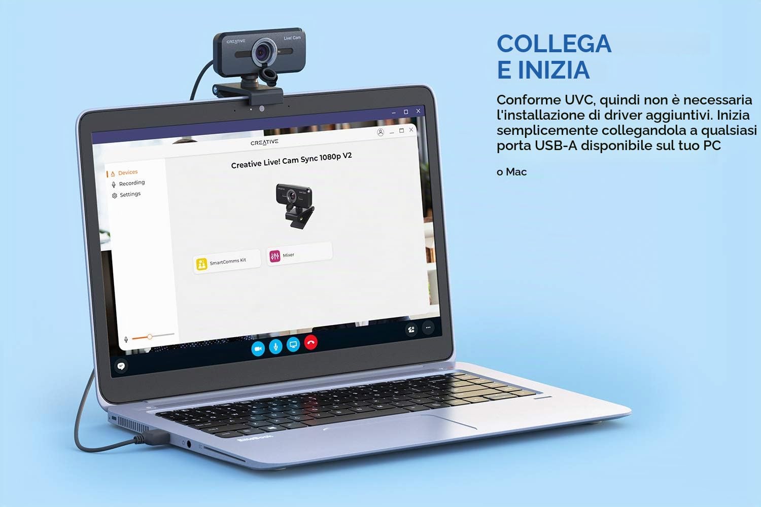 CREATIVE Live! Cam Sync 1080p V2 Full HD Webcam USB grandangolare con disattivazione automatica dell'audio e riduzione del rumore per videochiamate, doppio microfono integrato, per zoom, Skype