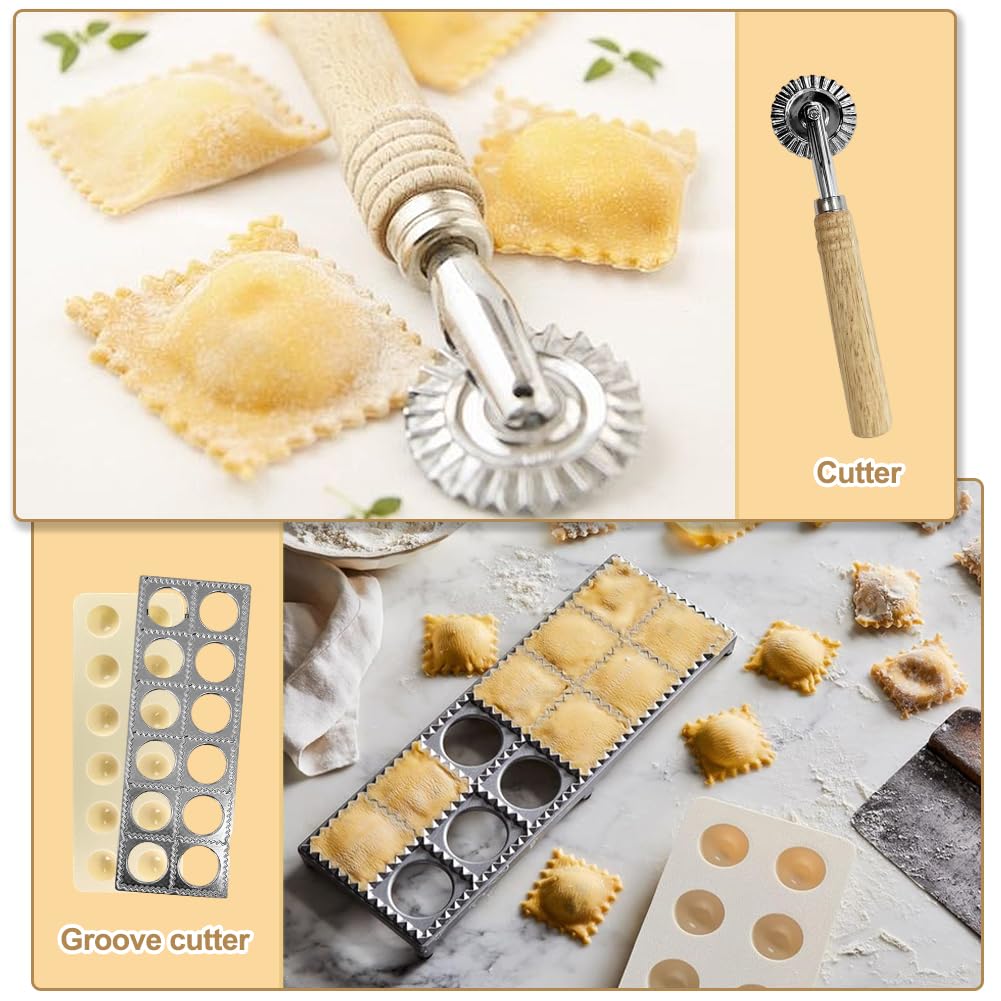 Set 5 Pezzi per Ravioli, Stampo per 12 Pezzi, con Mattarello in Legno, Tagliapasta, Spatola e Stampo in Alluminio Antiaderente per Pasta Fresca, Gyoza, Pelmeni, Ravioli e Fagottini