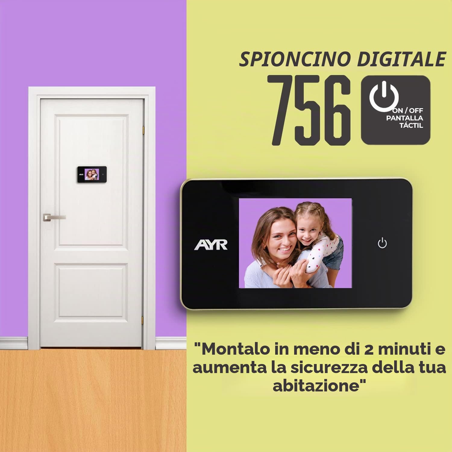 Spioncino digitale AYR 756 finitura nichel opaco/ottone lucido. | Spioncino in nichel ottone, schermo LCD TFT 2,6", porte 38-110 mm, 2 batterie AAA, visione 105°