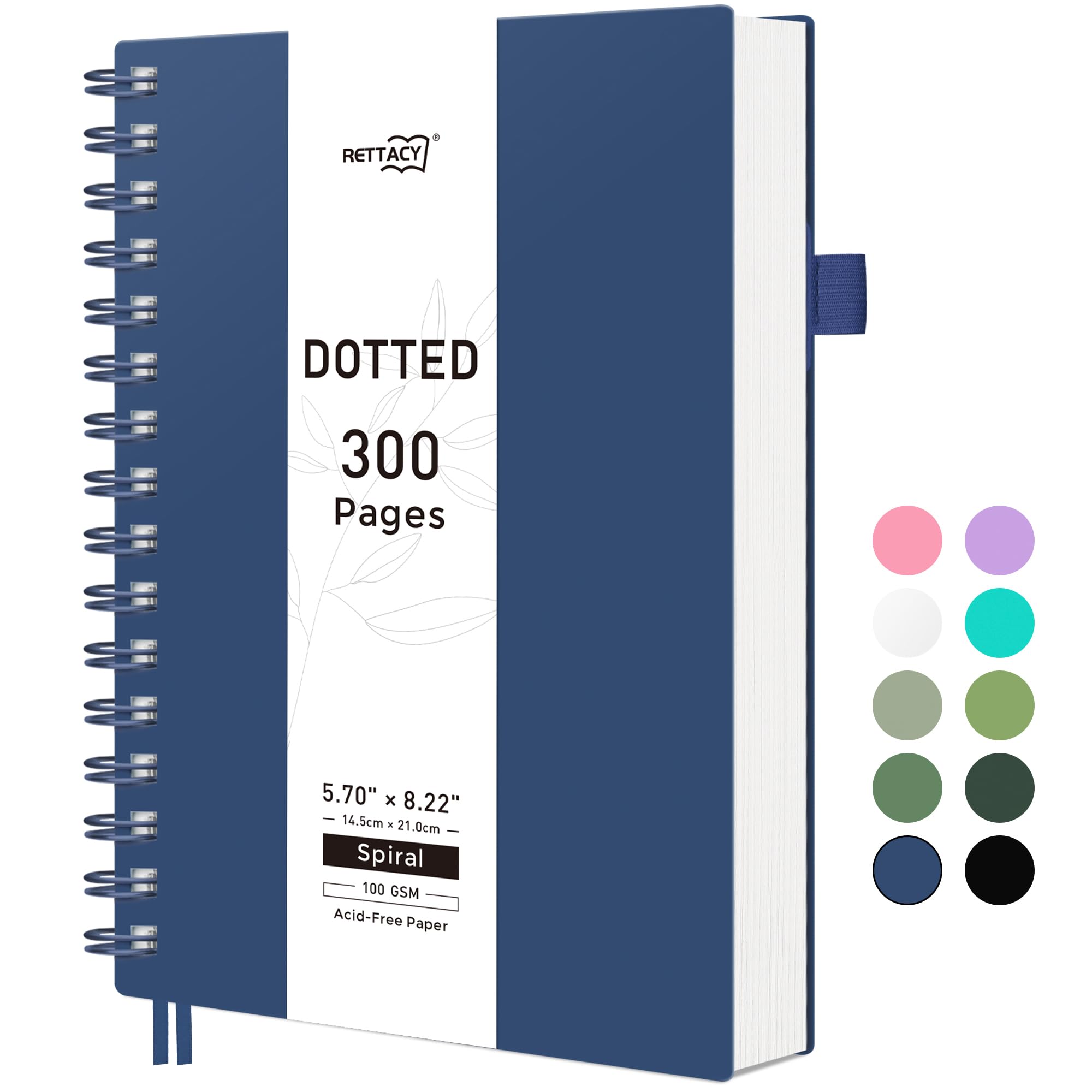 RETTACY Dotted Journal Notebook, 300 Pages, A5 Medium Size (5.7'' × 8.2''), 100 GSM Thick Paper, Flexible Plastic Cover, Spiral-bound, for Bullet