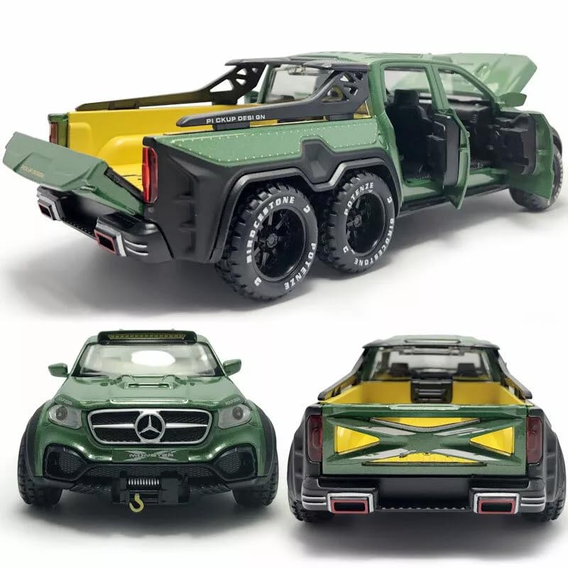 Image of 1:28 Pickup X-Class Model Car Diecast Zinc Alloy Pull Back Toy with Sound & Light Realistic Design Durable Kids Toy for Boys & Girls Collectible Gift 3+ Years (Green)