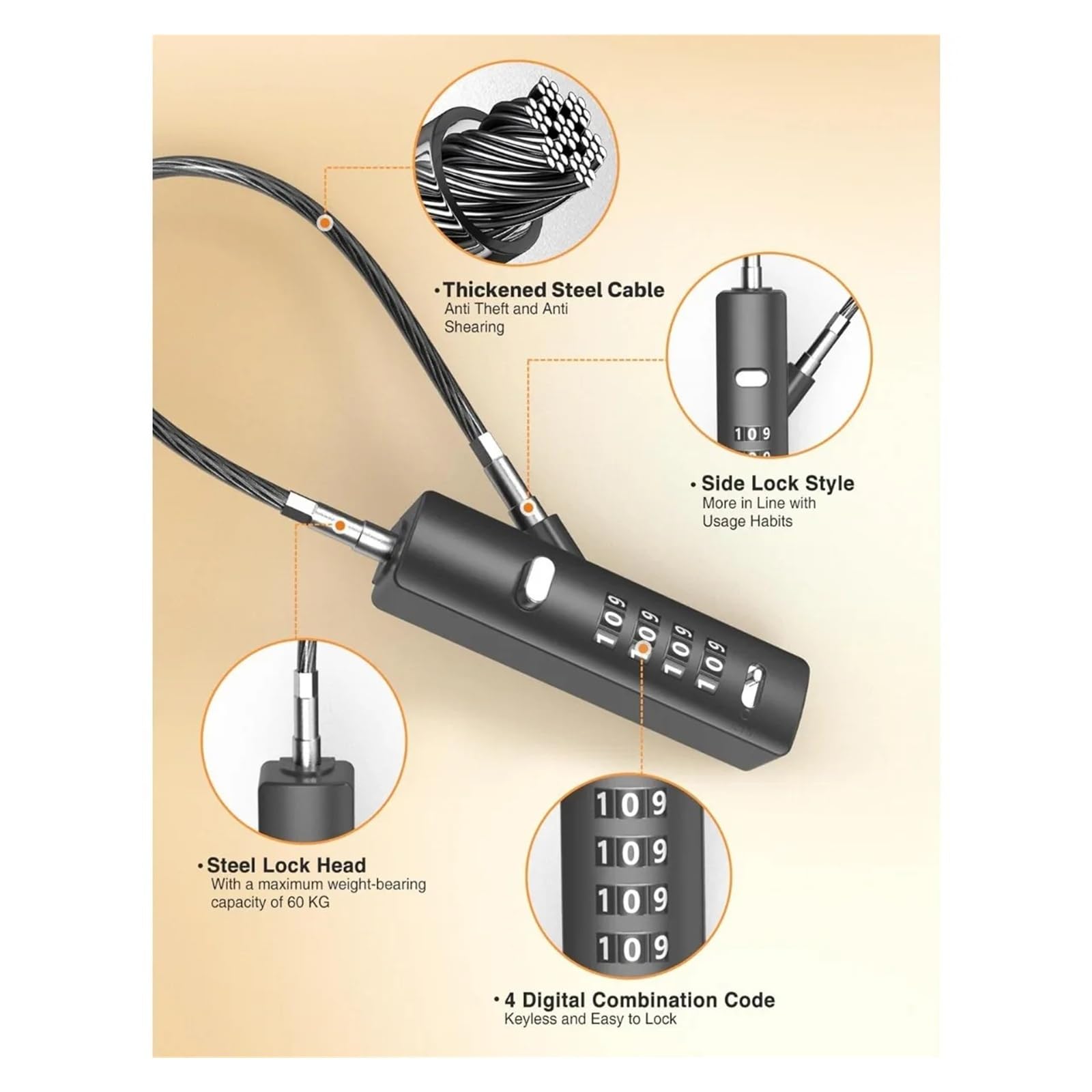 Generico Set da 3 Pezzi Lucchetto con Cavo a Combinazione a 4 cifre in Lega di Zinco e Acciaio temprato Multiuso for armadietti for Biciclette, armadi, recinzioni, Lucchetto for Bici(Black)