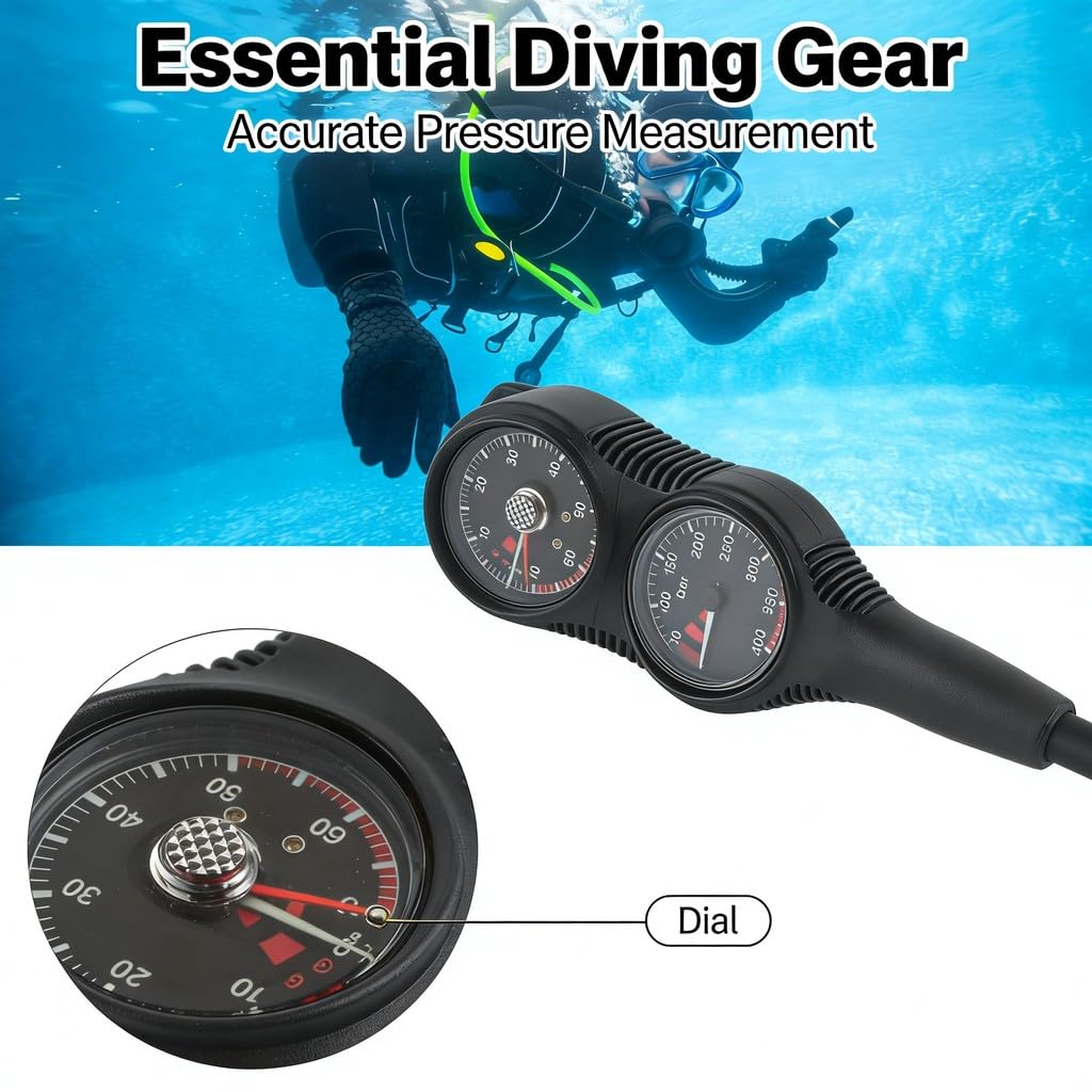 Diving Pressure Gauge Console, 2 Gauges with Depth and Pressure Measurement, Waterproof and Durable - Luminous Dial for Dark Water, Essential Dive Equipment