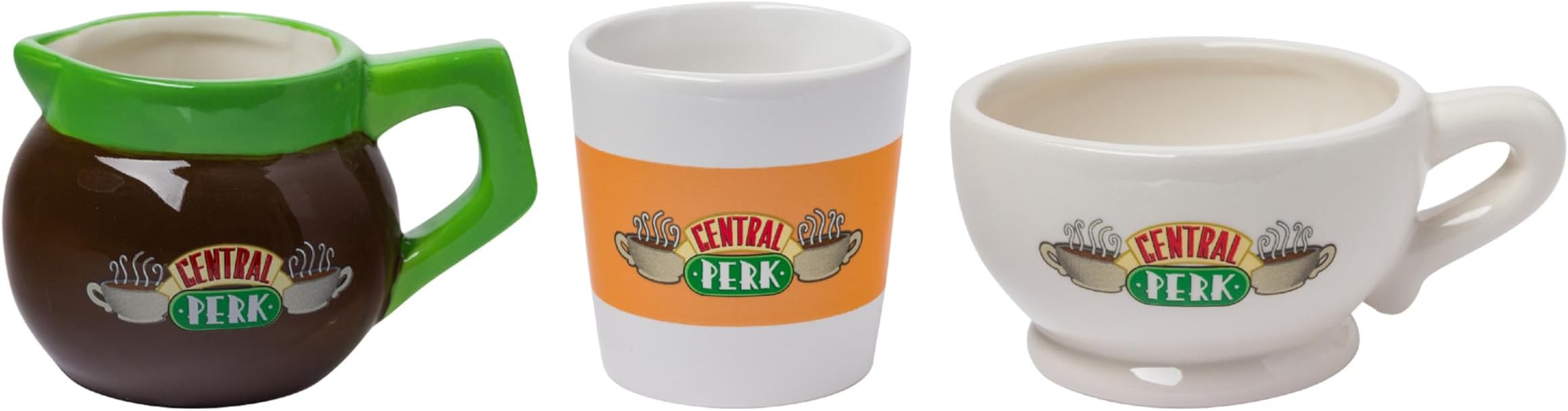 Silver Buffalo Friends Central Perk Logo 3pc Ceramic 3D Sculpted Mini Cup Set, Perfect as a Sugar, Cream, or Milk set, 3.5 Ounces