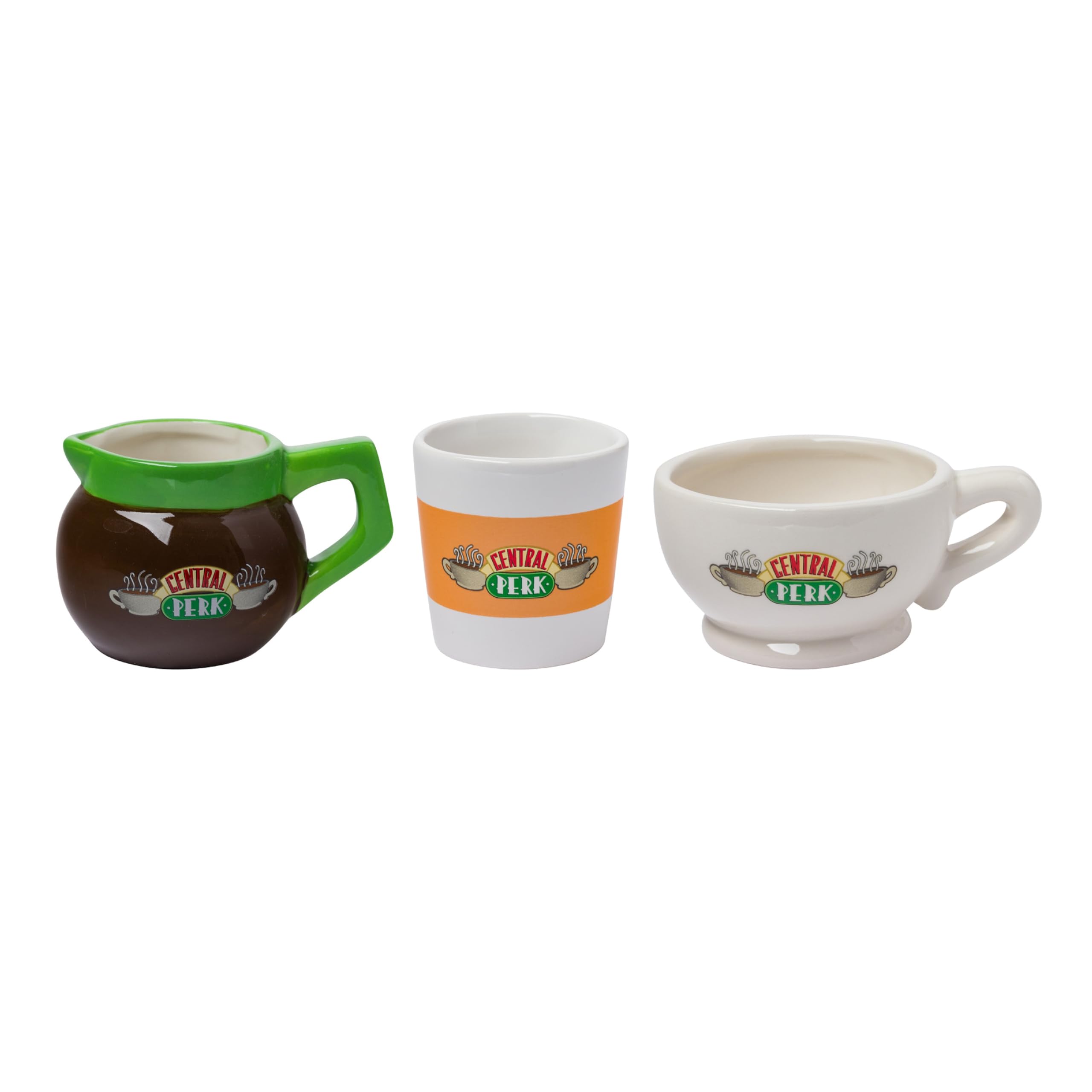 Silver Buffalo Friends Central Perk Logo 3pc Ceramic 3D Sculpted Mini Cup Set, Perfect as a Sugar, Cream, or Milk set, 3.5 Ounces