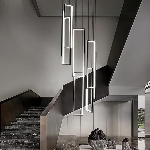 Miniatura 42 de Lámpara colgante moderna para isla de cocina, regulable, color negro, 54 W, luces colgantes LED, 4 anillos, candelabros rectangulares, escalera