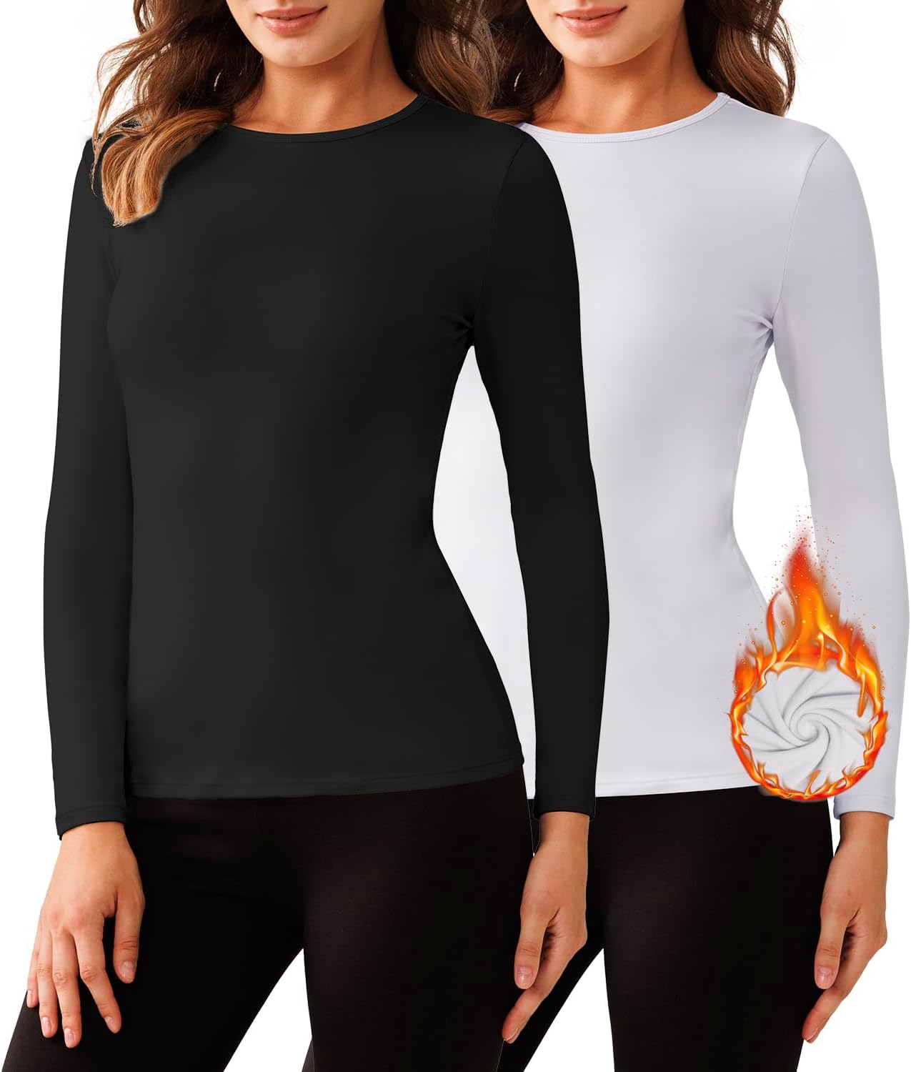 Bonneuitbebe Women's 2 Pack Long Sleeve Thermal Shirts Soft Crewneck Undershirt Tops Lightweight Base Layer Cold Weather