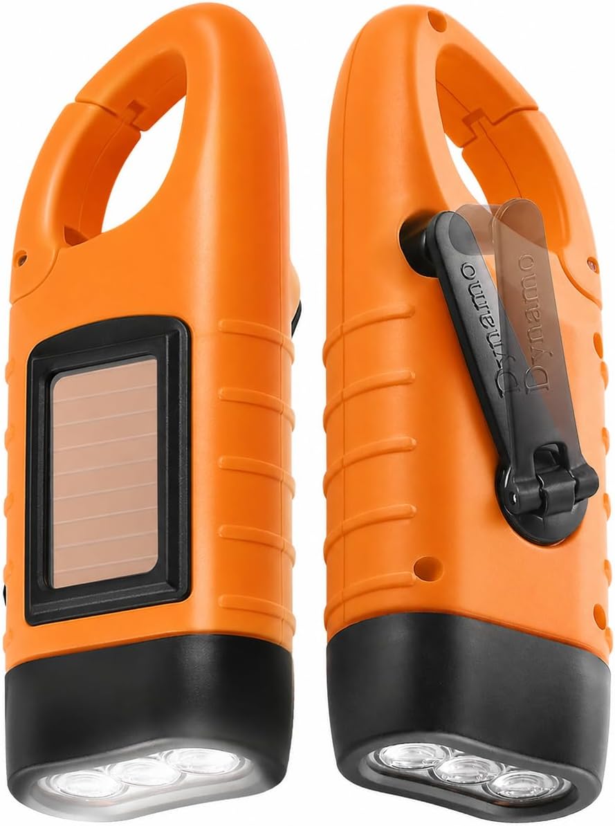 Simpeak 2-Pack Hand Crank Solar Powered Flashlight, Emergency Rechargeable LED Survival Flashlight, Quick Snap Carbiner Dynamo Flash Light Torch for Outdoor Sports, Orange