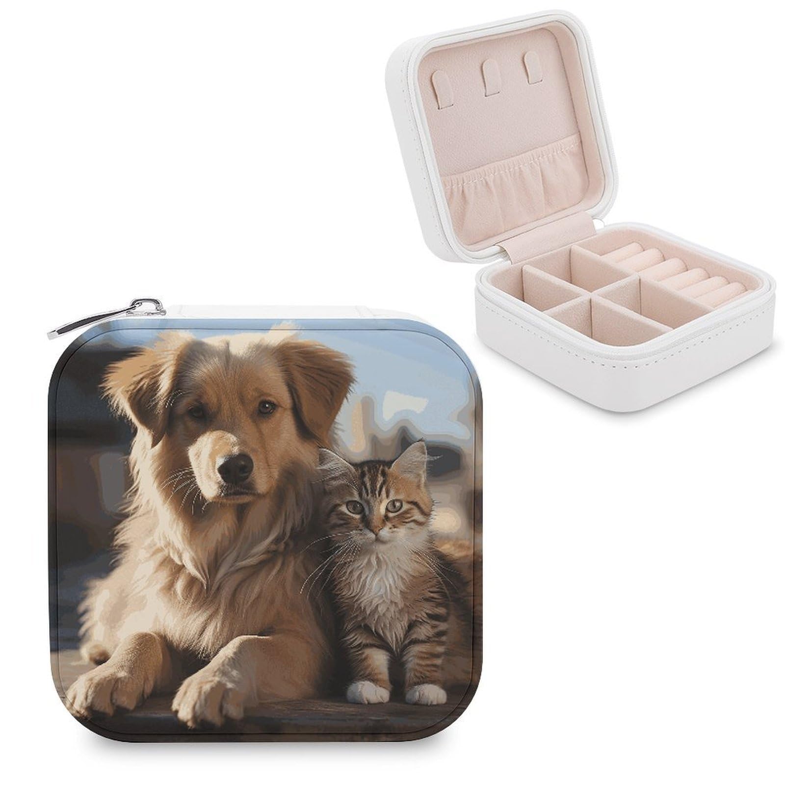JTREHY Travel Cats And Dogs Jewelry Case Portable Display Storage Box PU Leather Mini Jewelry Travel Case Personalized Travel Jewelry Organizer Small Jewelry Box for Women