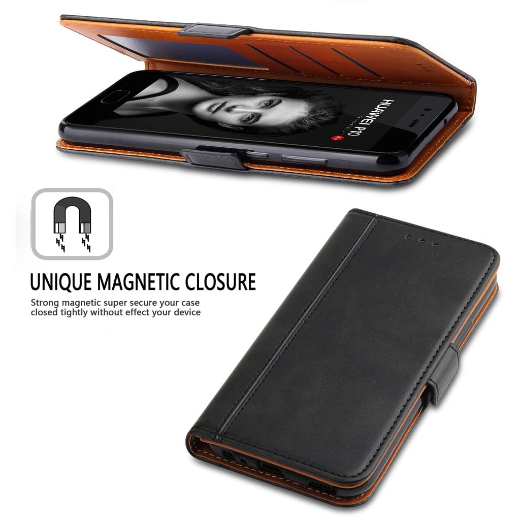 Bozon Leder-Hüllen Für Huawei P10, Flipcase Mit Kartenfächern & Ständer – Schwarz