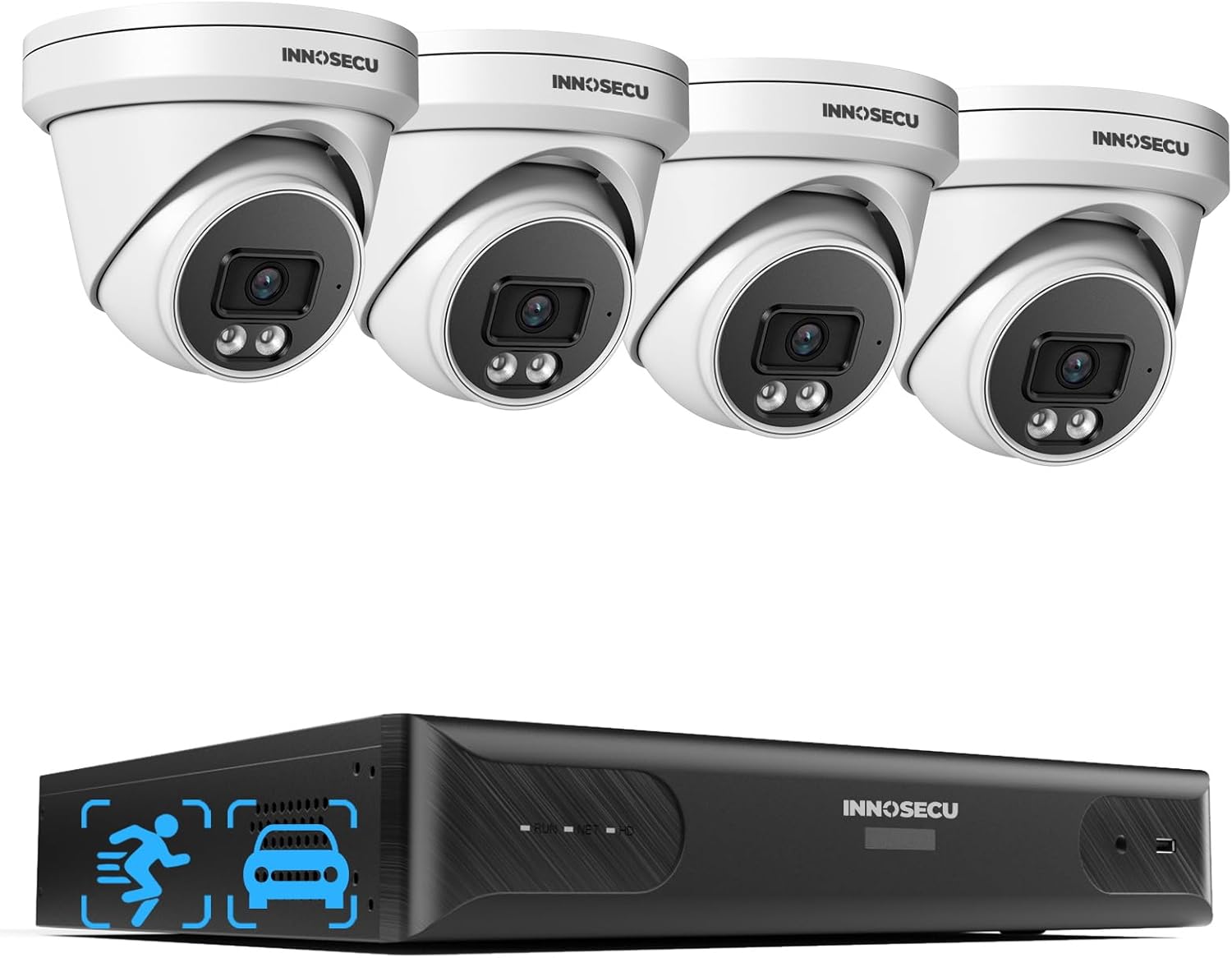 32 Channel 12MP PoE NVR (1× IN432P16) Bundled with INNOSECU 8MP Outdoor IR IP Security Cameras (4 x IND8VR97S) Forms a Plug-and-Play PoE Camera Security System Featuring AI Detection