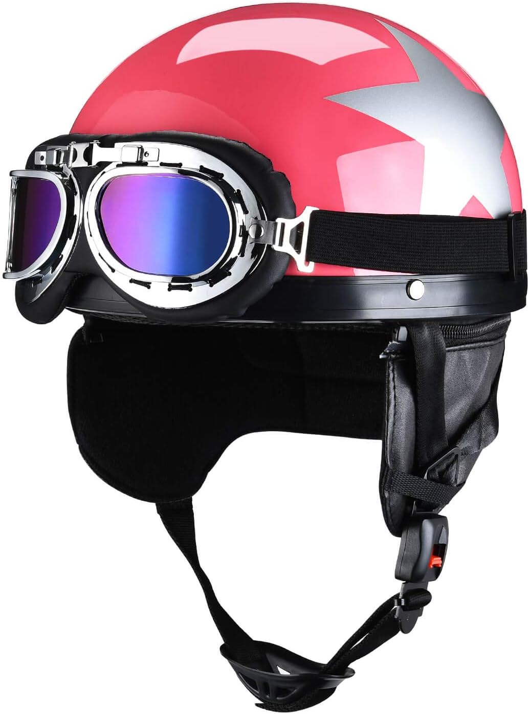Motorcycle Half Helmet with Goggles for Men Biker Cruiser Scooter Helmets for Women Red