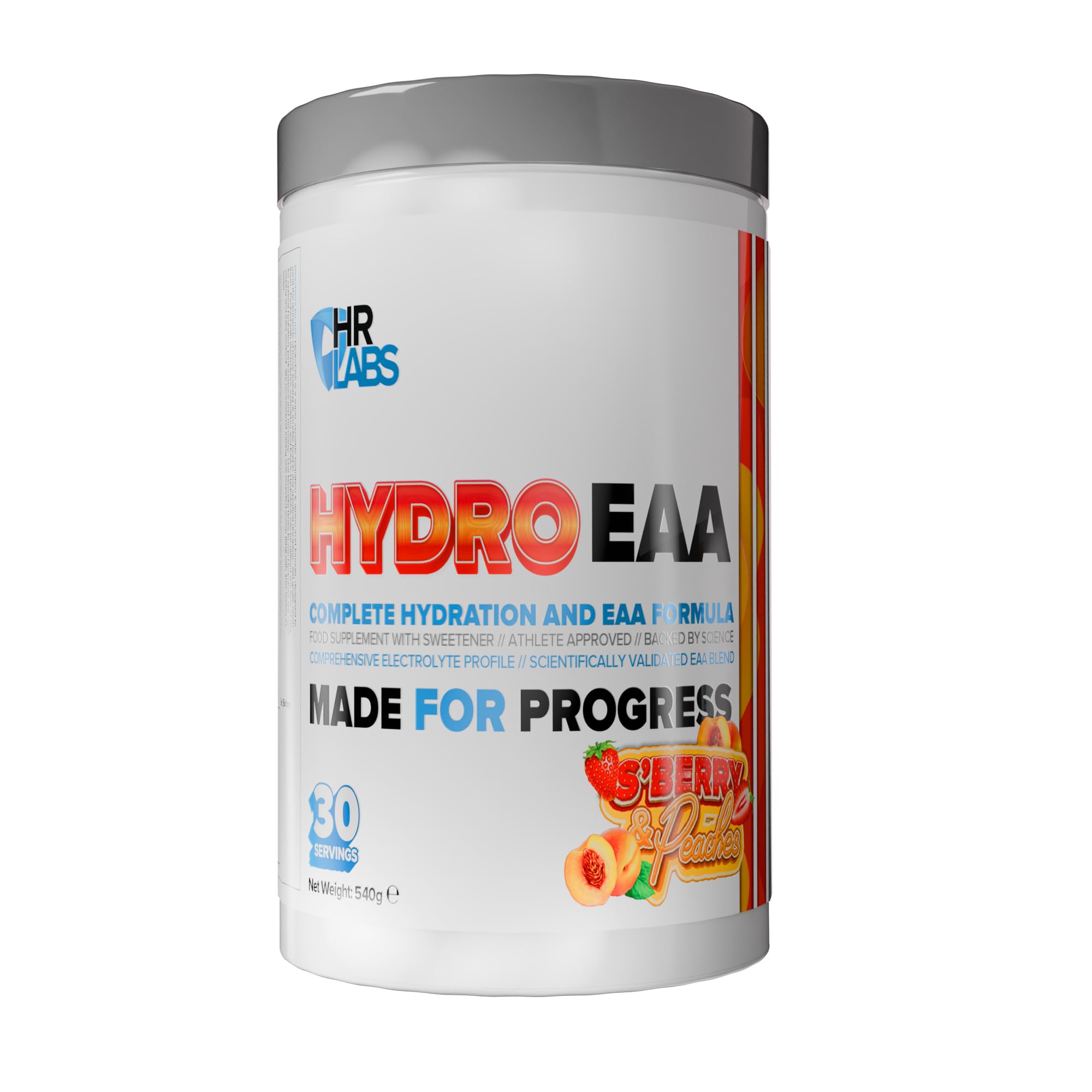 HR Labs HydroEAA, Complete Hydration & EAA Essential Amino Acid Formula, with Comprehensive Electrolytes Profile, 540g, 30 Servings, 4 Flavours (540g, Strawberry & Peaches)