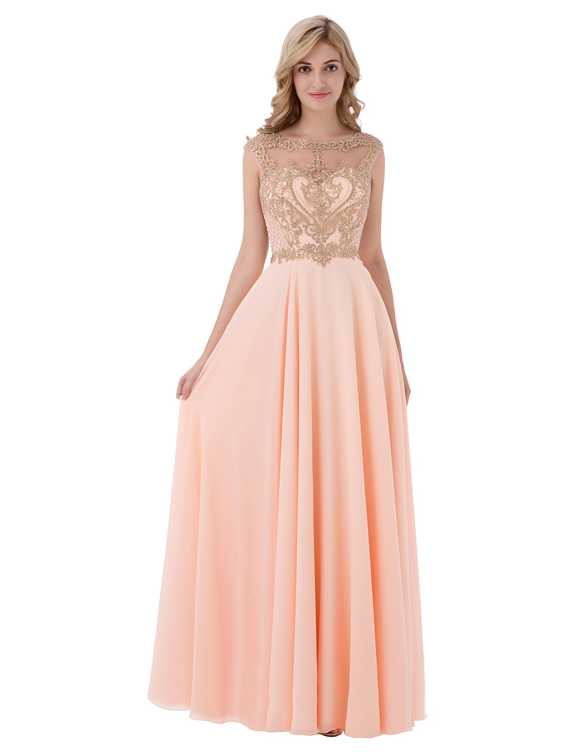 SarahbridalWomen's Beaded Prom Party Dresses Sequin Cap Sleeve Evening Gown Chiffon Pleated Backless Bridesmaid Dress