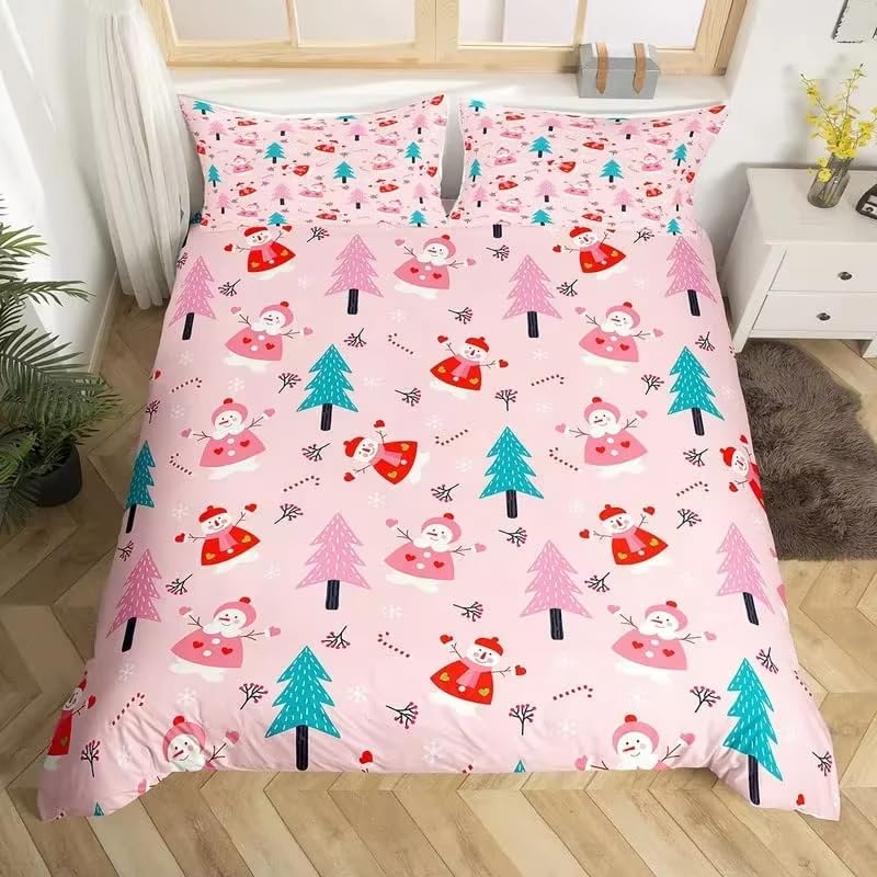 Housse de couette de Noël 200x200 parure lit rose sapin fille