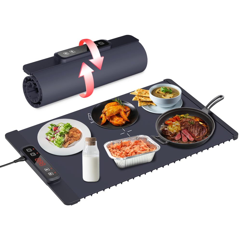 Electric Warming Tray, Full Surface Heating Food Warming Mat, Portable Foldable Silicone Warmer, 5 Adjustable Temperature Settings and 4 Timer Function, Food Warmer for Gatherings, Parties, Daily Use