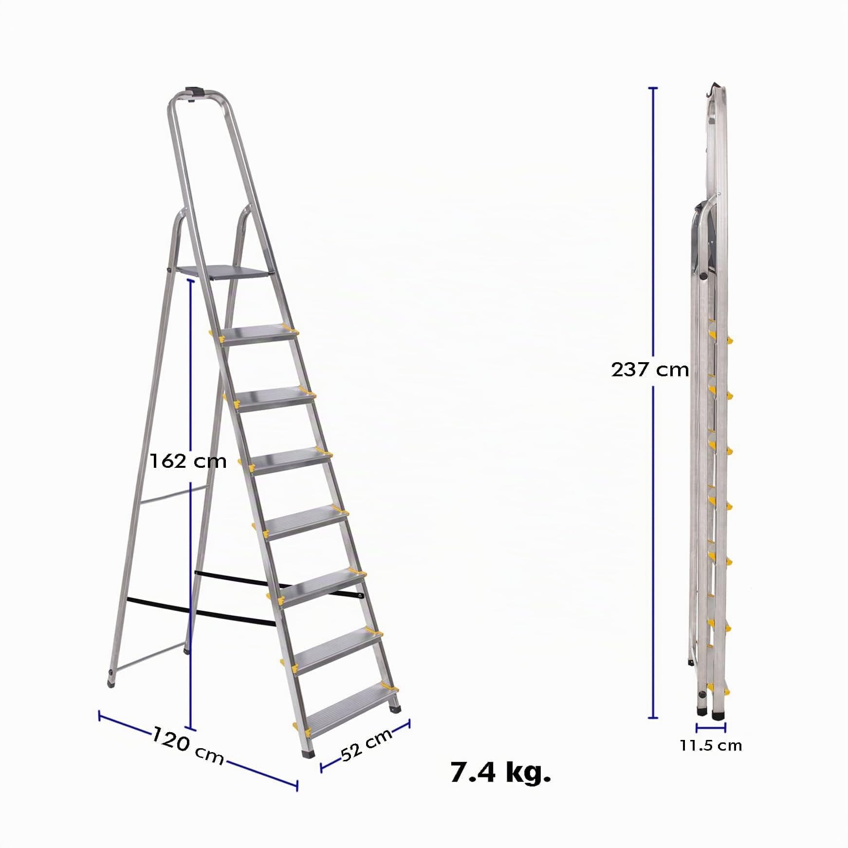HOSTRÖM Escabeau 8 marches DURA Pliable, marchepied léger en Aluminium, Hauteur Plateforme 162cm, Pieds antidérapants, Charge 150kg, Garantie 5 Ans