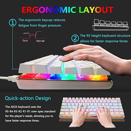 Miniatura 5 de FELICON Teclado mecánico, AK33 Rainbow LED retroiluminado con cable USB para juegos, teclado mecánico compacto de 82 teclas con teclas antifantasmas