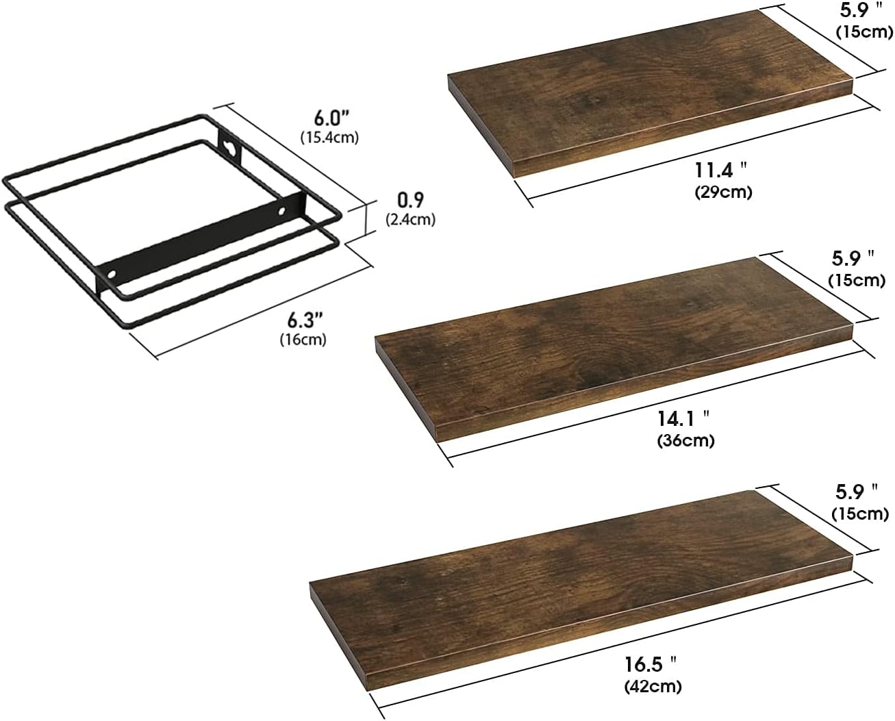 J JACKCUBE DESIGN Torched Wood Floating Shelves, Set of 3 Wall Mounted Hanging Shelves with Black Wire Frames for Bedroom. Living Room, Kitchen, Bathroom and Office - MK696B