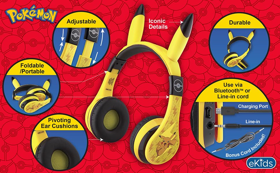 Image of eKids Pokemon Pikachu Bluetooth Kids Headphones with Microphone, Volume Reduced Wireless Headphones for School